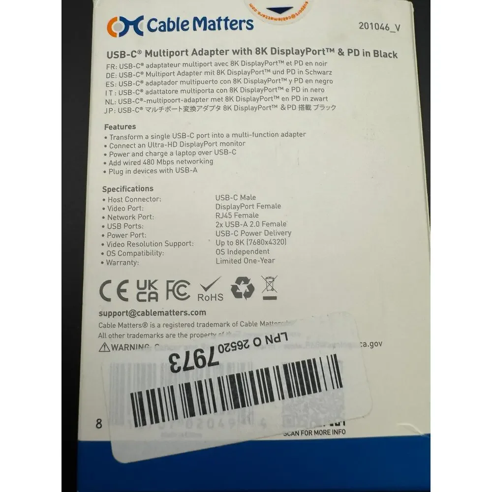 Cable Matters USB C Multiport Adapter USB C Hub w/DisplayPort 8K Model: 201046_V
